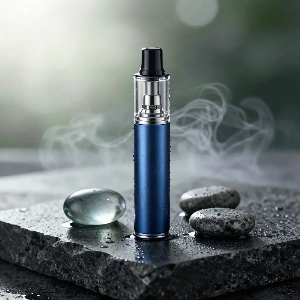 Blue CBD vape cartridge on wet basalt with smoked glass and mist.