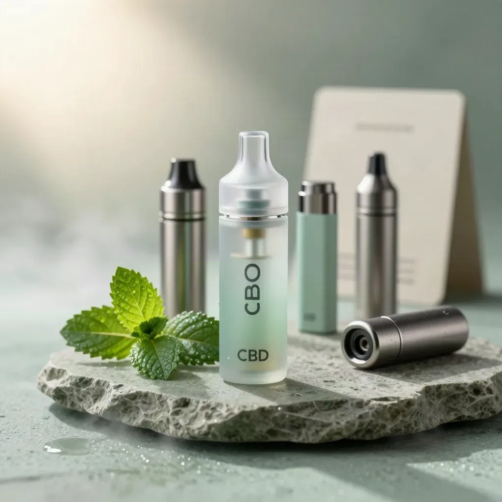 CBD vape cartridge hero with battery, charger, mint sprig and stone tray in soft mist.