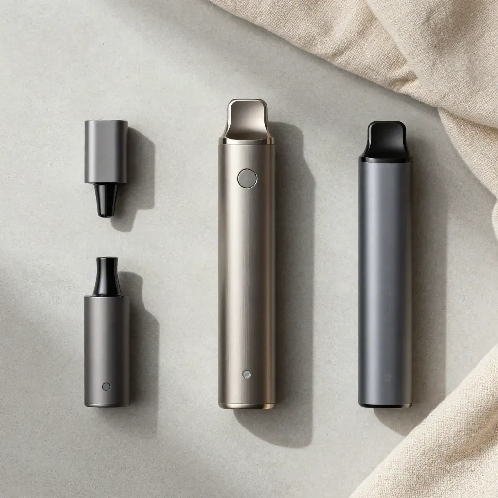 Overhead flatlay of a mint vape pen, charger tip, spare pod, and linen on pale concrete.