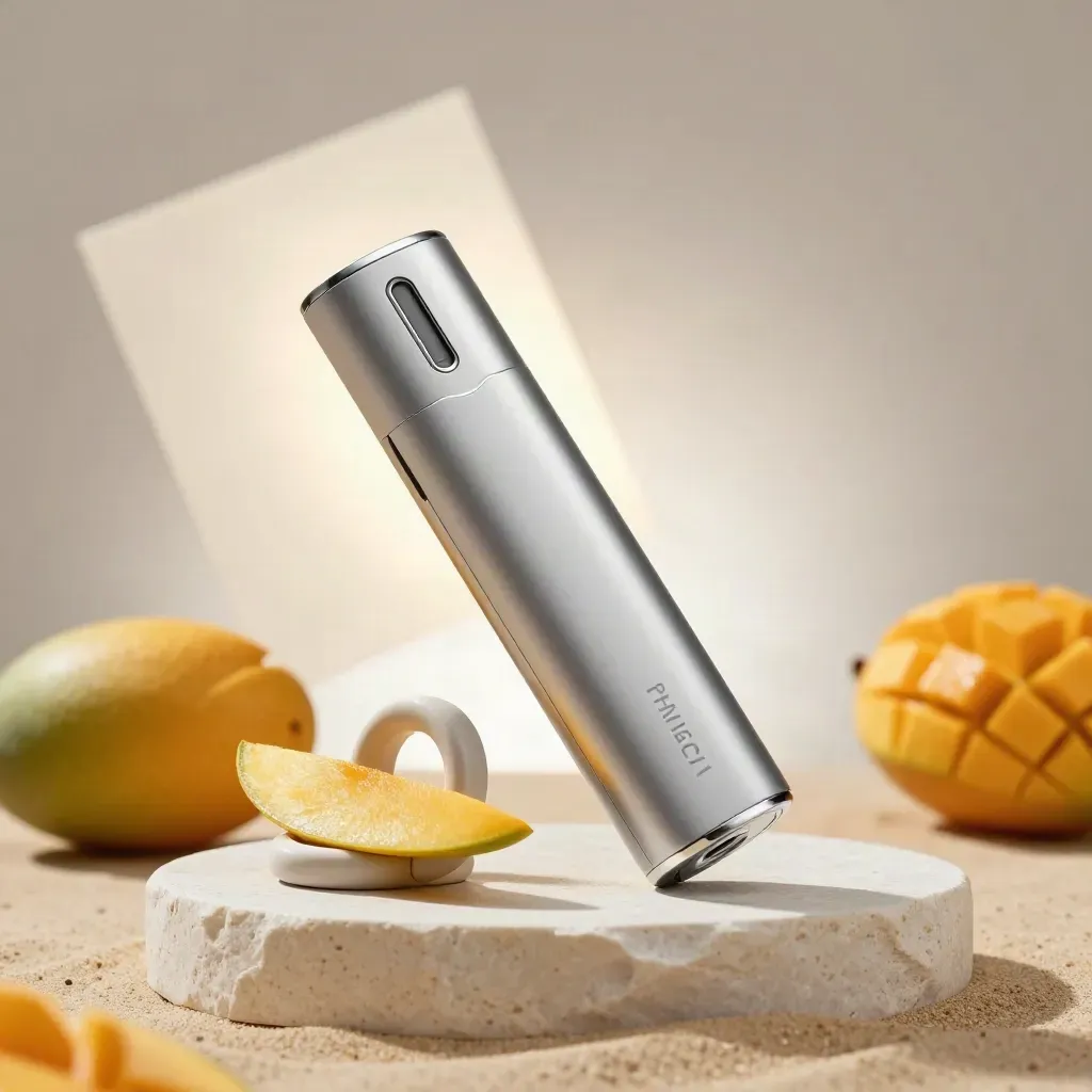 Koi Mango disposable vape on pale stone with mango slice and ceramic ring, warm studio hero.