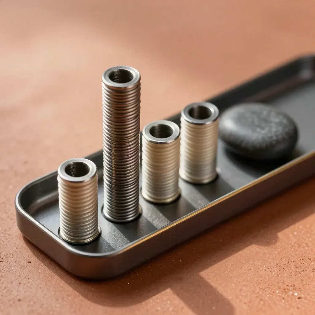 Overhead flat lay of five replacement coils in a matte tray with a graphite pebble and gold accent.