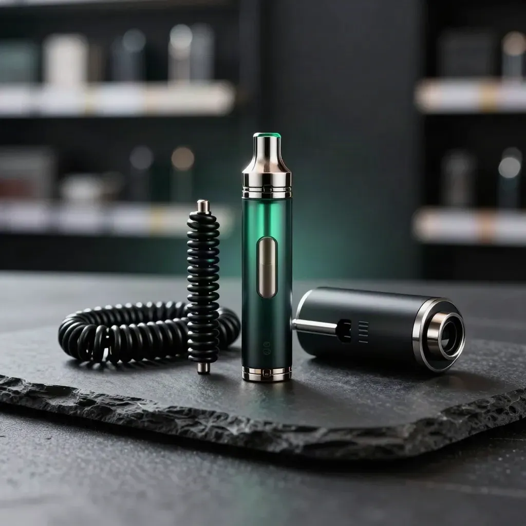 CBD vape pen, cartridge, coil pack, and charger on a dark stone surface.